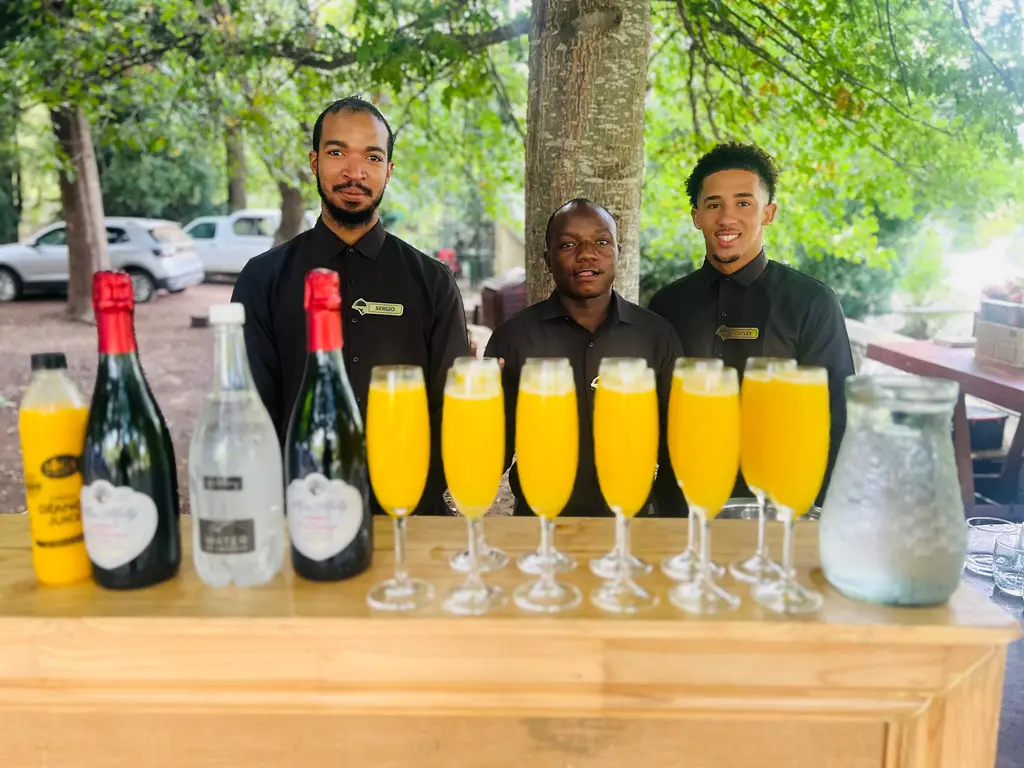 A row of mimosas in champagne flutes on a wooden bar with three bartenders behind